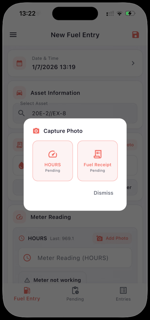 AssetPro Fuel app — Capture Photo dialog to snap the hours meter and fuel receipt for an asset