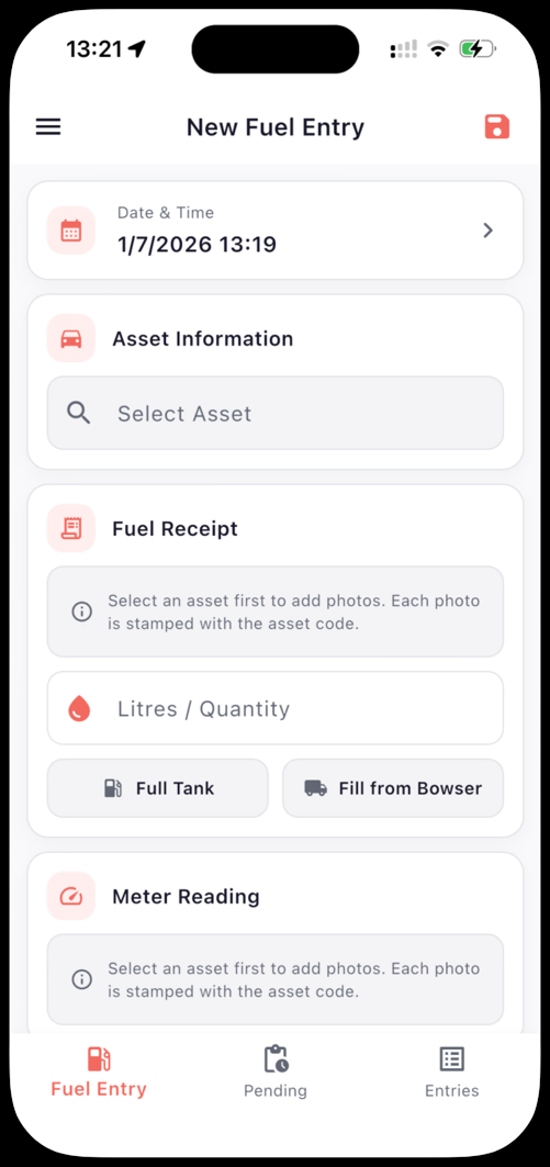 AssetPro Fuel app — New Fuel Entry screen for recording a refuel with photo capture of the fuel receipt and meter reading