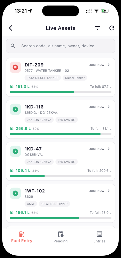AssetPro Fuel app — Live Assets screen showing each asset's live fuel level, percentage full, and litres to full