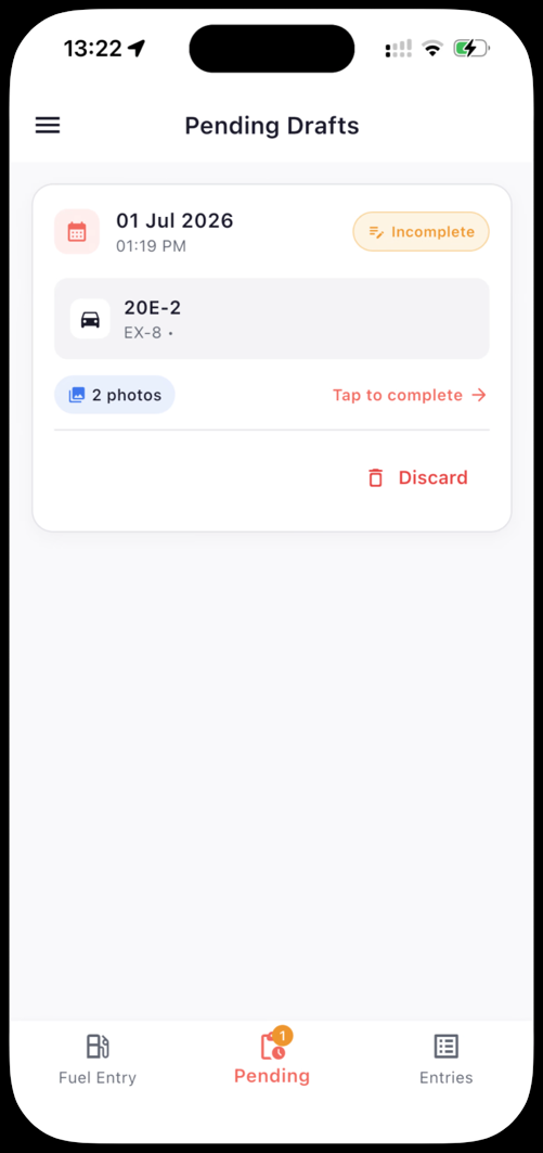 AssetPro Fuel app — Pending Drafts screen showing an incomplete entry with captured photos, ready to complete later
